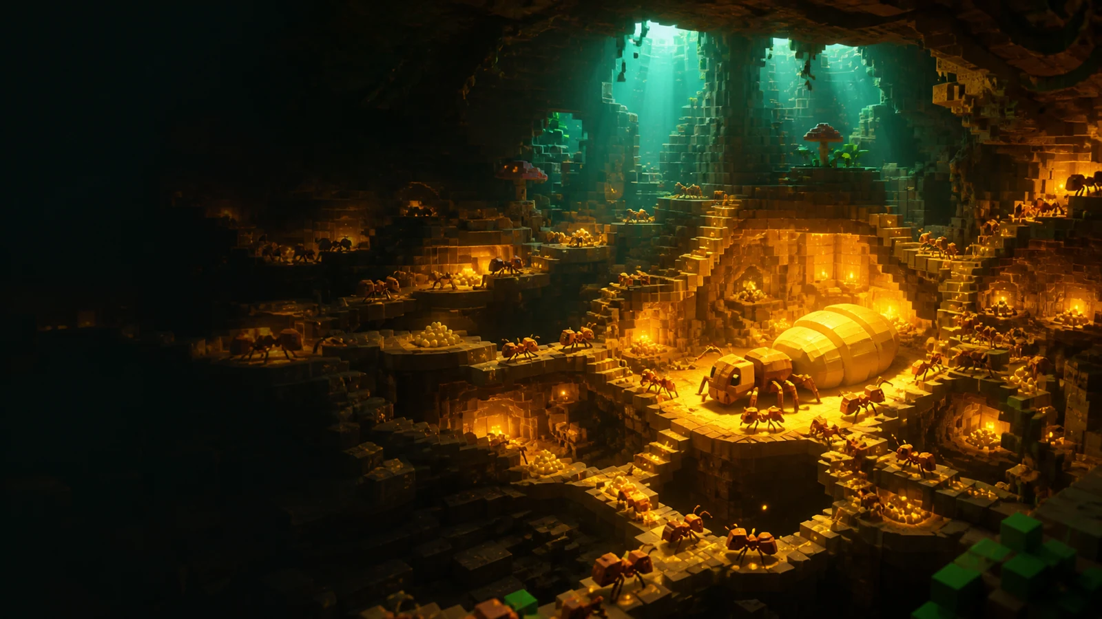 Grow A Colony decorative ImageGen key art showing a glowing subterranean colony and queen chamber